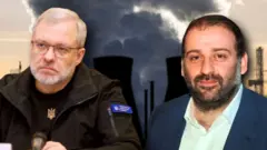 Колаж: портрети Галущенка та Міндіча на тлі електростанції 