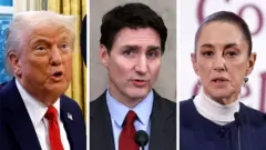 Imagem composta com o presidente dos EUA, Donald Trump, o primeiro-ministro do Canadá, Justin Trudeau, e a presidente do México,  Claudia Sheinbaum Pardo