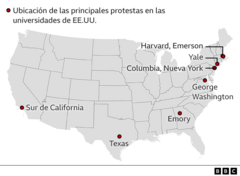 Mapa de Estados Unidos donde aparecen señaladas las principales universidades donde hay protestas.