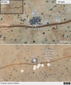 A satellite image shows sand embankments and a group of charred vehicles on the outskirts of El Fasher city. In the second image below you can see the location of the bodies marked with white diamonds.