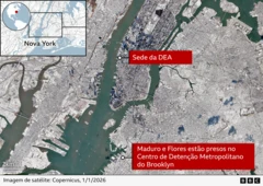 Mapa de Nova York mostra 2 pontos:
- Sede da DEA
- Maduro e Flores estão presos no Centro de Detenção Metropolitano do Brooklyn