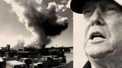 Коллаж из фото лица Трампа и столба дыма от взрыва в городе