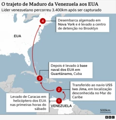Mapa mostra trajeto de Maduro da Venezuela a NYC após ser capturado