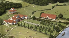 Un dibujo de Peter Urmston que reconstruye la villa romana de Lullingstone, en Kent, de finales del siglo IV. Muestra un gran antejardín con pinos, corredores y una alargada fuente que conduce a una gran casa de tejas rojas.