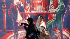 نساء يسِرن بجوار جدارية مناهضة للولايات المتحدة بالقرب من السفارة الأمريكية السابقة في طهران، إيران، 11 مايو/أيار 2025
