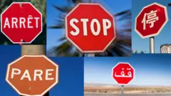 Montagem de fotografias coloridas mostra placas de PARE em vários idiomas, todas iguais: um octógono vermelho com letras e bordas brancas