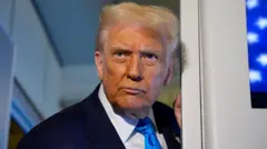 US president donald trump is framed in a doorway on Air Force One as he speaks to reporters. It's a close up shot, revealing what looks like fake tan on his face. he is wearing a dark pinstripe suit, white shirt, and turquoise tie