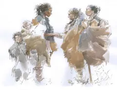 Ilustração que mostra o momento do encontro entre denisovanos e Homo sapiens.