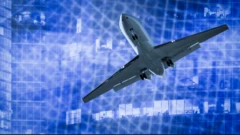 A graphic of a plane flying over a digital background