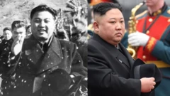 Uma imagem composta mostra uma fotografia em preto e branco do presidente Kim Il Sung, vestindo um sobretudo preto e carregando um chapéu preto, ao lado de uma fotografia colorida de Kim Jong Un, com uma roupa semelhante, na estação ferroviária de Vladivostok, na Rússia, com um homem em uniforme militar tocando saxofone atrás dele.