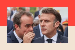 El presidente Emmanuel Macron habla con Sebastien Lecornu.