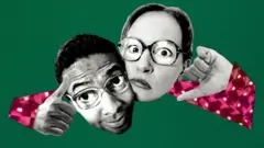 Колаж - Обличчя чоловіка і жінки поруч: чоловік усміхається і показує великий палець угору, а жінка насуплена і показує великий палець униз, на зеленому тлі