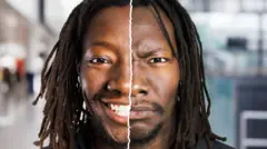 Portrait of happy man, torn to revel his unhappy face