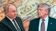 Дональд Трамп та Володимир Путін на тлі мапи України