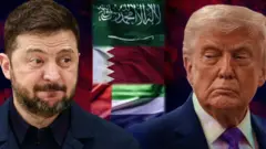 На передньому плані крупно - ліворуч обличчя Зеленського, а праворуч - Трампа. На задньому плані прапори КСА, Катару та ОАЕ. 