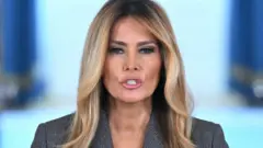 US First Lady Melania Trump speaks in the Cross Hall of the White House in Washington, DC, on April 9, 2026