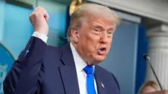 Donald Trump wears a blue suit and tie with a hand raised in the White House briefing room