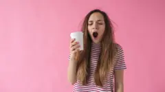 دختری لیوان بدست خمیازه می‌کشد