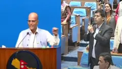 प्रतिनिधिसभाको आइतवारको बैठकमा सांसद अमरेशकुमार सिंह (बायाँ) र महेश बर्तौला