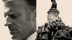 Montaje con imágenes del presidente Macron y manifestantes en una plaza de París.