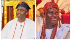 Alaafin Abimbola Owoade ree lapa osi, ọba naa de wọ ewu funfun, o de fila abetiaja alawọ eeru, o fi ilẹkẹ oye sọrun, o si n wo ọọkan lori itẹ rẹ to gunwa si. Aworan keji lapa ọtun ṣafihan Ooni Ile Ife, Oba Enitan Adeyeye Ogunwusi. Ooni Ogunwusi de ade ilẹkẹ, o lo ilẹkẹ sọrun, o wọ aṣo funfun o si rẹrin-in muṣẹ lori itẹ rẹ bo ṣe n wo ẹgbẹ .