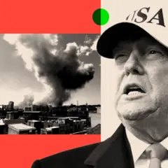 Trump USA yazılı şapkasıyla ön planda geride patlayan binalar kolaj halinde