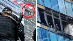 Duas imagens mostram vidros de um prédio quebrado