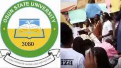 Aworan Fasiti Uniosun ati aworan awọn akẹkọọ ti wọn n ṣe iwọde.