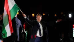 Петер Мађар маше мађарском заставом у изборној ноћи
