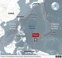 Mapa de localización de Palaos, que se encuentra en la llamada "Segunda Cadena de Islas", un tramo de islas en el Pacífico occidental que Estados Unidos considera vital para contener la expansión de la armada china en la región.
