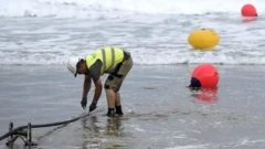 مردی در ساحل دریا در حال نصب کابل‌های زیردریایی 