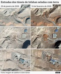 fotos aéreas mostrando seis entradas de túnel seladas com terra