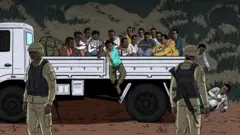 ከመኪና ላይ ዘለው ለመውረድ የሚሞክሩ ወጣቶችን የሚያሳይ ምስል