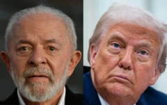 Montagem de fotos com Lula e Donald Trump, lado a lado. Lula olha para frente, do lado esquerdo da foto. Trump olha para cima, do lado direito da foto