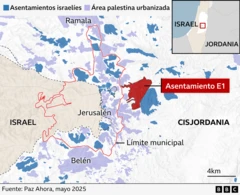 Mapa de la zona central de Cisjordania en el que se ve Jerusalén y dónde se construiría el nuevo asentamiento E1.