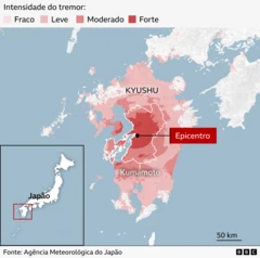 Mapa mostra intensidade dos tremores causados por terremoto no Japão.