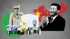 တရုတ်သမ္မတ ရှီကျင့်ဖျင်၊ မြန်မာစစ်ခေါင်းဆောင် ဗိုလ်ချုပ်မှူးကြီး မင်းအောင်လှိုင်နဲ့ ရွေးကောက်ပွဲကော်မရှင်မဲပုံ စတဲ့ပုံတွေကို တရုတ်အလံပါ အနီရောင် အဝါရောင်တွေနဲ့ တရုတ်မြေပုံ၊ နောက် မြန်မာမြေပုံ ခပ်ရေးရေးပေါ်မှာ အစိမ်းရောင်စက်ဝိုင်းနဲ့သရုပ်ဖော်ပုံဖြစ်ပါတယ်