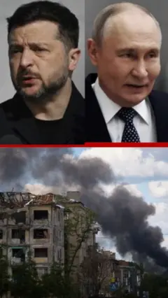 Rasmning tepa qismida Putin, o'ngda, va Zelenskiy, chapda, pastki qismida esa Ukrainada xaroba ko'p qavatli uy yonida tutin chiyapti. 
