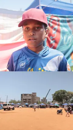 (Composición) Un niño viste un uniforme deportivo (arriba) y un campo deportivo convertido en un refugio de emergencia (abajo).