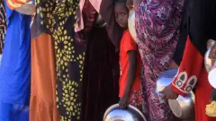 Abantu bahunze umujyi wa el-Fasher baraboneka batonze umurongo ngo bahabwe imfashanyo y'ibiribwa, mu nkambi ya Al-Afad y'abavuye mu byabo, iri mu mujyi wa Al-Dabba, mu majyaruguru ya Sudani. 