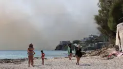 Zadymione niebo podczas pożarów lasów i terenów rolnych w Plomari, na wyspie Lesbos w Grecji. Na pierwszym planie plaża i kilka osób w strojach kąpielowych. 29 lipca 2026 r.