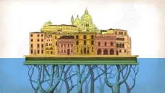 Ilustración de edificios en Venecia sobre un pedestal sostenido por encima del nivel del agua sobre las ramas de árboles sumergidos.