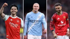 Declan Rice, Erling Haaland, and Bruno Fernandez 