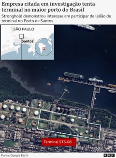 Mapa indicando localização por satélite de um terminal à beira do mar em Santos, no litoral de São Paulo