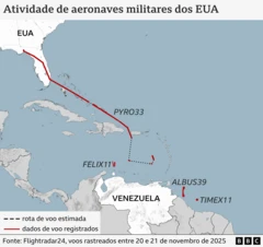 O mapa mostra as trajetórias de voo de aeronaves militares dos EUA próximas à costa da Venezuela em 20 e 21 de novembro