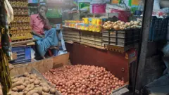 একটি মুদি দোকানে পেঁয়াজ ও আলু পাশাপাশি রাখা। পেছনে অন্যান্য পণ্যের পাশে বসে আছেন দোকানী