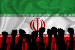 Silhouette of raised arms and clenched fists on the background of the flag of Iran