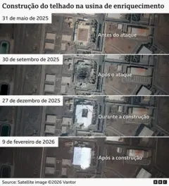 Quatro imagens aéreas de satélite tiradas em momentos diferentes mostrando a construção de uma cobertura sobre instalação destruída em ataque aéreo