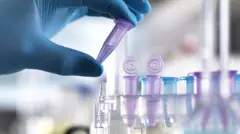 Mão com luva azul segurando frasco com amostrasportsbet io appDNA