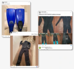 Capturas de tela de três publicações no Facebook, com nomes de usuários e outros detalhes de identificação borrados pela BBC News. A primeira imagem mostra nadadeiras azuis; a segunda, várias fotos de uma roupa de mergulho preta; e a terceira, uma roupa de mergulho preta estendida sobre uma cama de solteiro.
